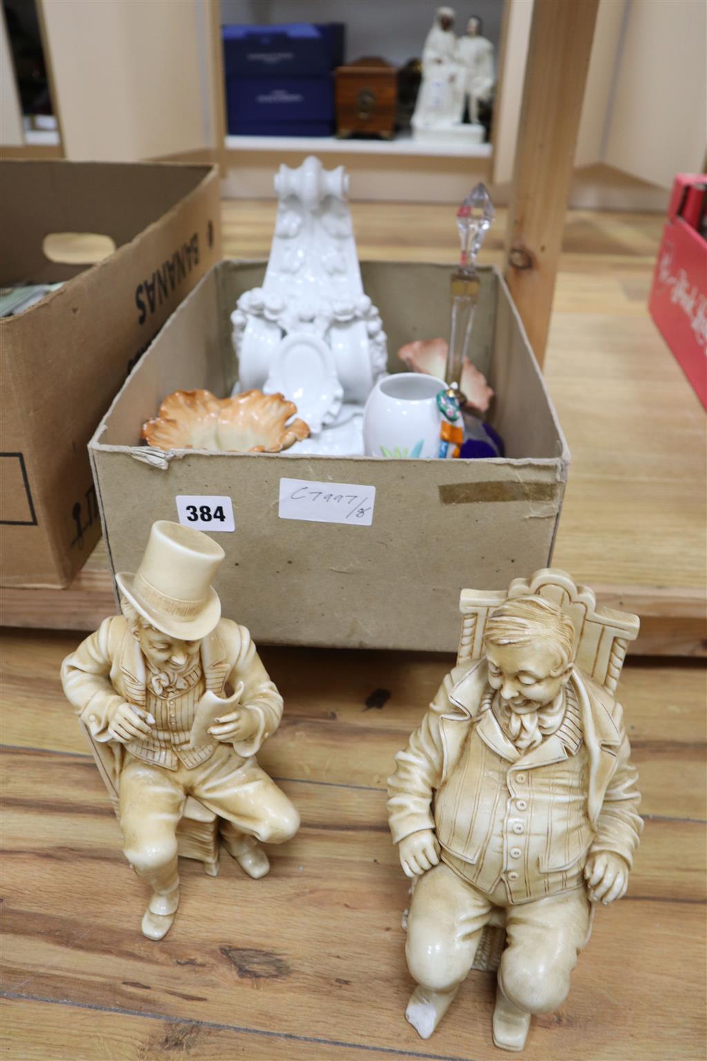 A white porcelain corbel, a pair of ivory-effect porcelain figures and five other items